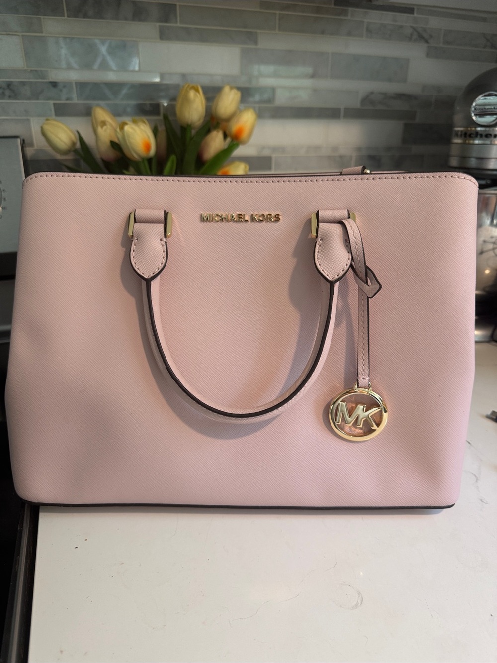 Michael Kors Pale Pink Saffiano Leather Satchel with Gold Hardware